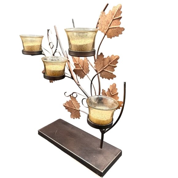 Fall Leaves 14" Metal Tea Light Candle Holder Dining Fireplace Candelabra Decor - Picture 6 of 11